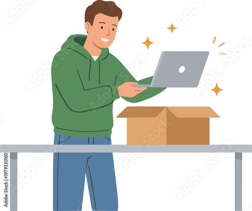 Man unboxes and uses laptop on table with excitement indoors