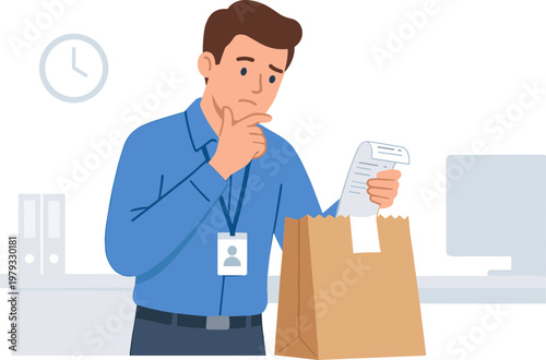 Man in office reviews documents with brown bag nearby thoughtfully