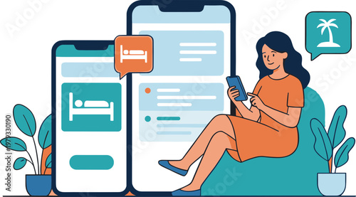 Woman sitting on couch uses smartphone and laptop to book hotel room online.