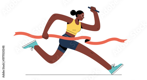 A flat vector illustration of a determined black female athlete crossing a red finish line ribbon, symbolizing success, achievement, and winning a race.