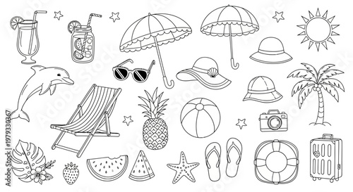 A beach scene illustration featuring a dolphin jumping near a lounge chair with umbrella, surrounded by tropical icons like palm trees, pineapple, and beach ball.