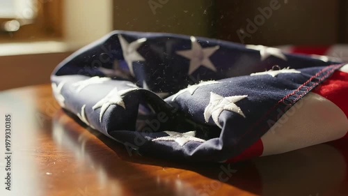 Close-up shot of a folded American flag resting on a polished wooden table, illuminated by warm sunlight with visible dust motes and soft bokeh.