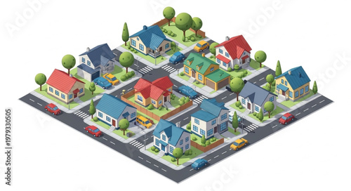 Colorful Suburban Neighborhood Street.