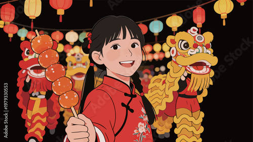 Chinese Girl in Traditional Outfit with Tanghulu and Lion Dance