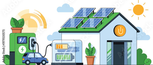Eco-Friendly Home: An artistic depiction of an eco-friendly house powered by solar panels and an electric vehicle, showcasing sustainable living.