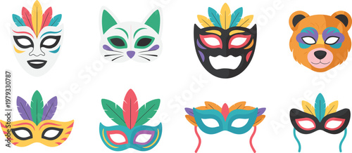 Carnival mask collection set, colorful masquerade and animal face icons for mardi gras or party celebration vector illustration