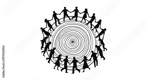 Diverse group of people holding hands in a circle, symbolizing unity and connection.