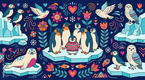 Cute arctic animals seamless pattern with penguins seal and birds vector illustration