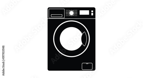 A front view of a modern washing machine in black silhouette