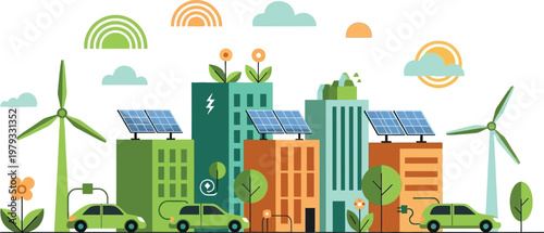 Eco-Friendly City: An illustration of a vibrant cityscape, powered by sustainable energy sources, embodying a commitment to environmental conservation and a greener future.