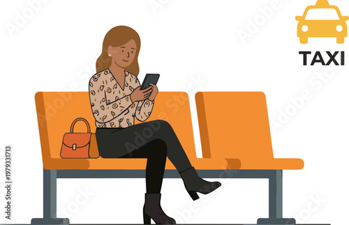 Woman sits on bench waiting for taxi with phone in hand.