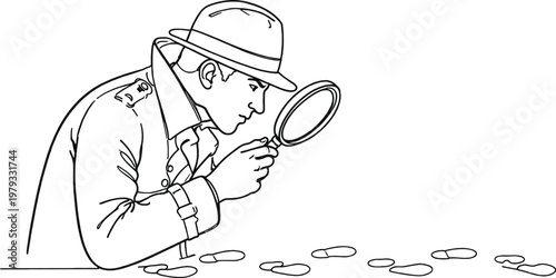 Male detective with smoking pipe looking through magnifying glass on grey background, closeup
