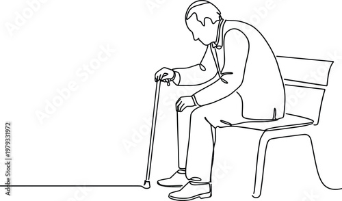 Senior man is sitting continuous line drawing art. Abstract simple senior man. One line continuous outline isolated vector illustration.

