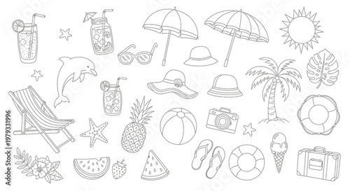 Summer vacation icons featuring beach, palm tree, umbrella, sun, and tropical objects
