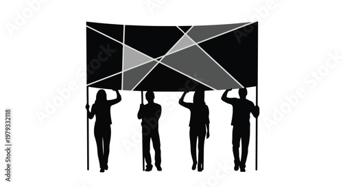 Diverse group of people holding a large abstract banner together, symbolizing unity and teamwork.