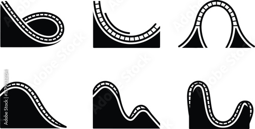 Roller Coaster Track Icons Set Silhouette Isolated White Background Keywords: roller, coaster