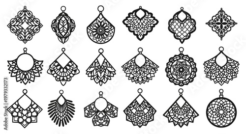 Elegant decorative earrings collection vector outlines and geometric patterns