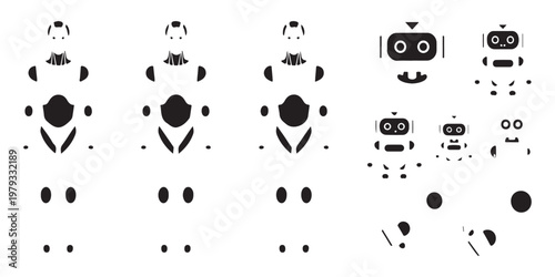 Assorted robot parts and complete robot character templates for graphic design and illustration projects.