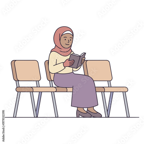 A woman wearing a hijab sits on a chair reading a book indoors.