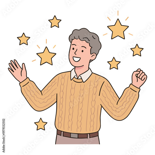 A man is happily surrounded by shining stars with arms outstretched in excitement indoors.
