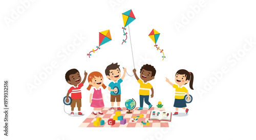 Five happy and diverse children are playing together, flying colorful kites and having fun with various toys on a picnic blanket outdoors.