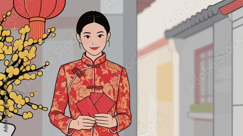 Chinese Woman in Traditional Dress with Red Envelopes
