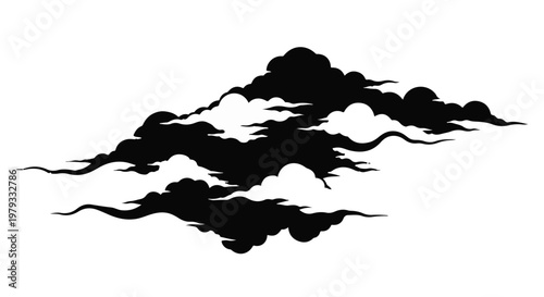 Dramatic black clouds against a white background, evoking mystery and atmosphere.