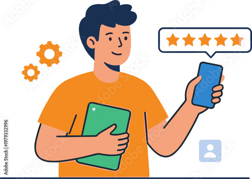 Man reviews rating on phone with tablet in hand happily