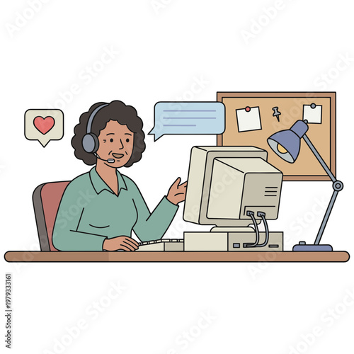 Woman wearing headset speaks at computer in office with desk lamp and bulletin board