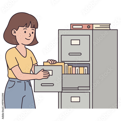 Woman pulling file drawer open in office with folders and files