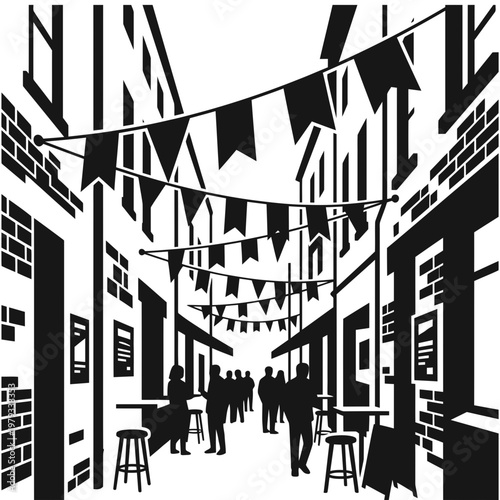 Festival flags in arched courtyard walkway