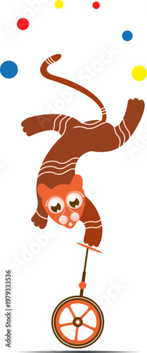Cute tiger, lion, balances on unicycle and juggles balls