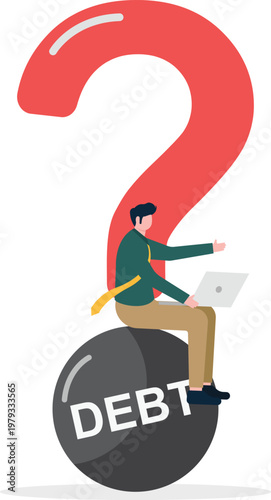 Professional sitting on a debt ball with a giant question mark
