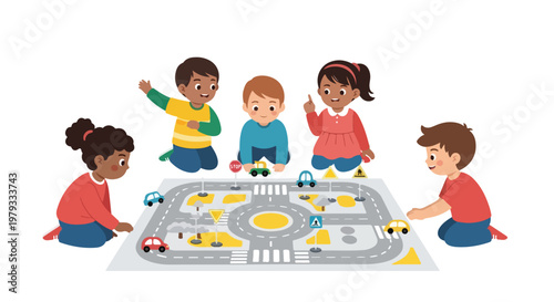 Five diverse children sit around a city play mat, using small toy cars and learning about traffic rules in a fun, educational group activity.