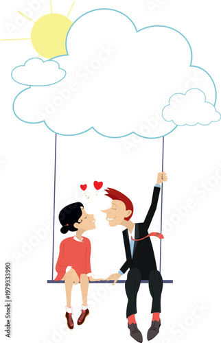 Sunny day. Young adults sitting on a swing.
Lovers sit on a swing suspended to a cloud
