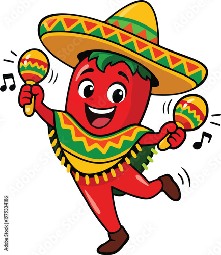 Funny Mexican Chili Pepper With Maracas Flat Illustration