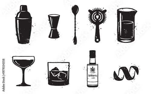 Vintage Style Bar Tool and Cocktail Icon Set with Shaker and Glassware