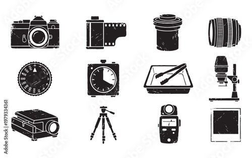 Vintage Photography and Darkroom Equipment Icon Set with Film and Camera
