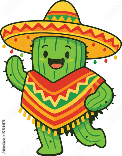 Cartoon Mexican Cactus Character Full Body Flat Illustration