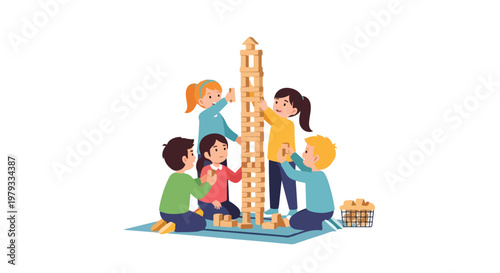 A group of five young children collaborate happily to build an impressively tall tower out of wooden blocks on a blue play mat.