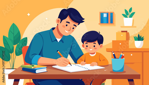 Father Assisting Son with Homework.