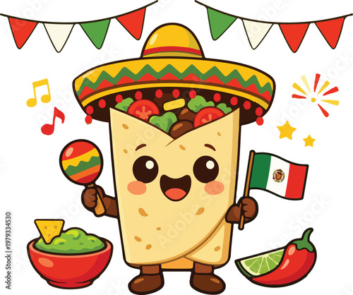 Cartoon Mexican Burrito Character Full Body Flat Illustration