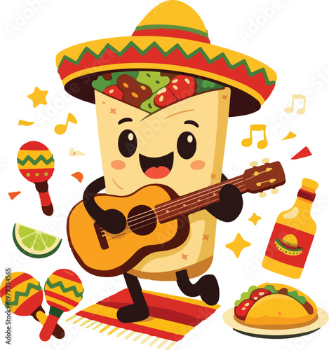 Cartoon Burrito Guitar Player Cinco de Mayo Flat Illustration