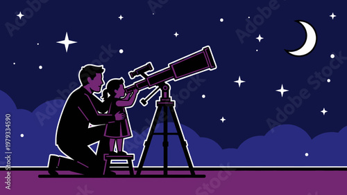 Man Observing Stars Through Telescope at Night.