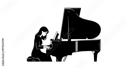 Girl Pianist Playing Piano Silhouette Vector Illustration