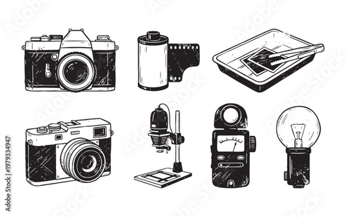 Vintage Photography and Darkroom Equipment Icon Set with Film and Camera