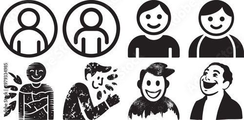 Human Avatar Icons Set representing various facial expressions and styles in black and white