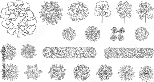 Black and White Plant and Tree Icon Set Featuring Detailed Trees, Shrubs, Flowers, and Foliage for Landscaping and Garden Design