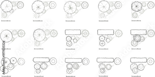 Black and White Landscape Architecture Icon Set Featuring Plant Layouts, Trees, Shrubs, and Garden Design Elements for Urban Planning