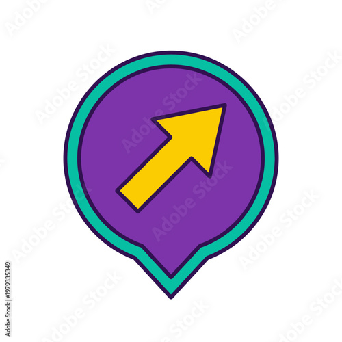 Colorful vector graphic illustration of a purple speech bubble with a yellow arrow pointing upwards on white background